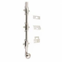 Idh by St. Simons Heavy-Duty 12 in. Solid Brass Surface Bolt with Round Knob in Bright Nickel